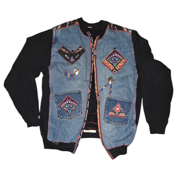 Handmade Jackets & Blazers - Men's Denim and Black Jacket with Colorful Patterns